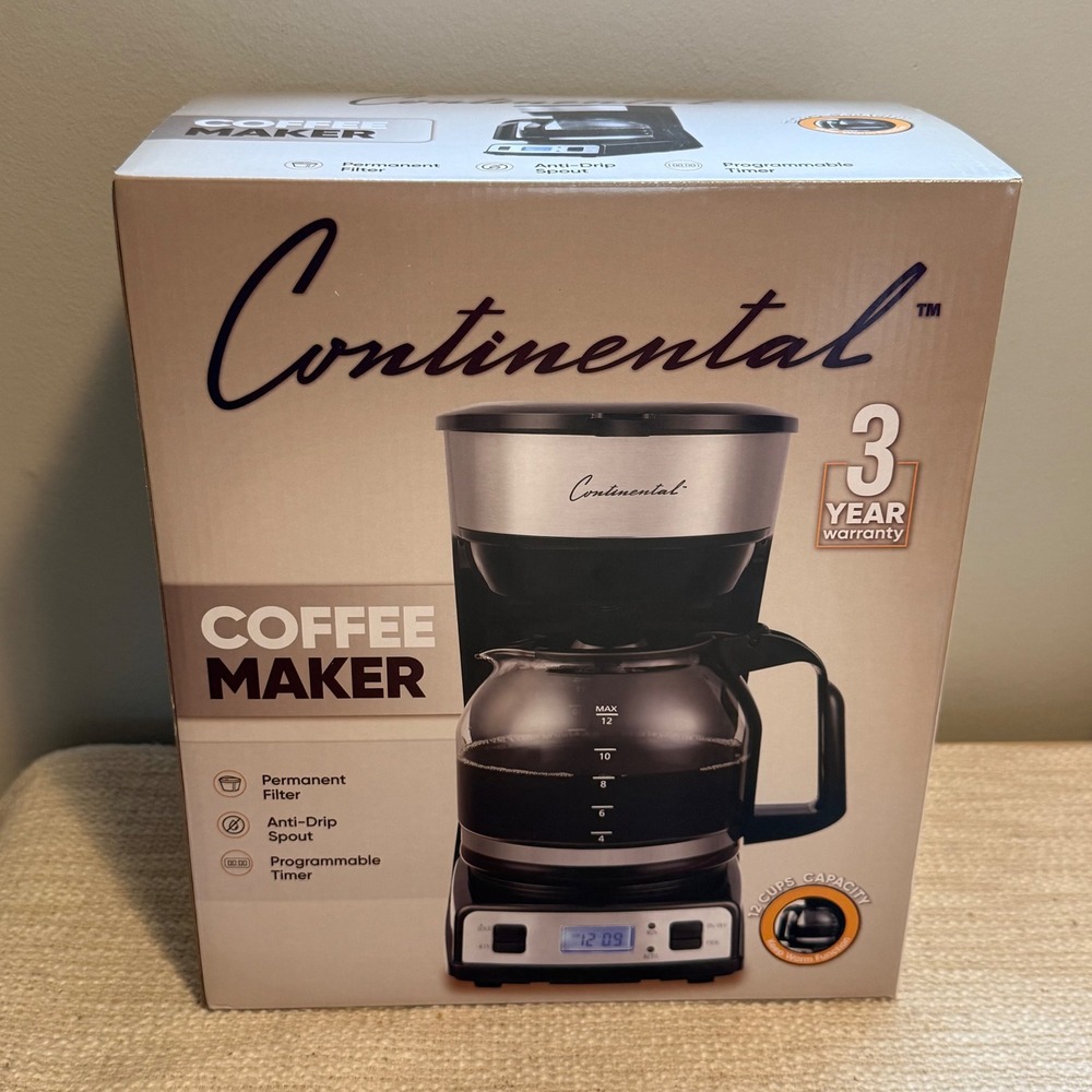NEW NIB Continental 12-Cup Programmable Coffee Maker Stainless Steel